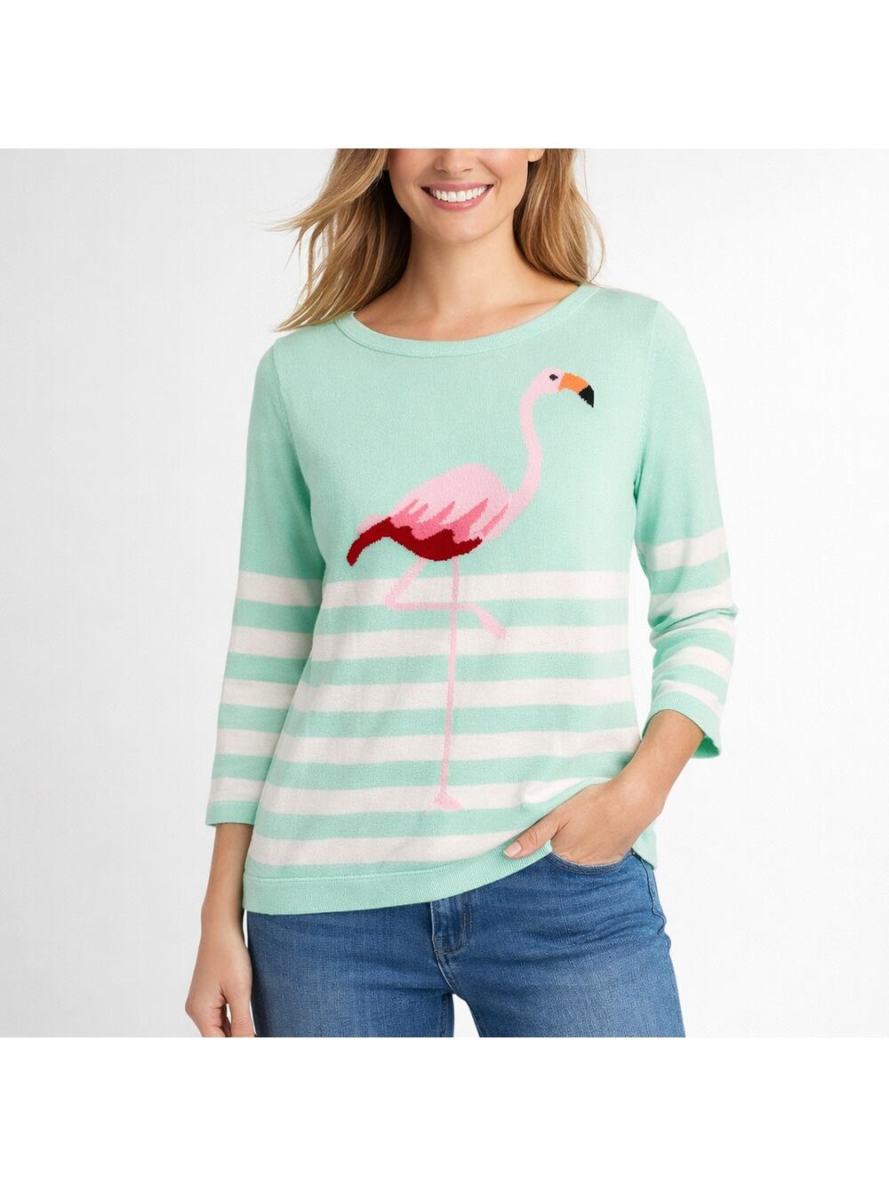 Lands End Flamingo Sweater S Supima Cotton Stripe Beach Coastal Top